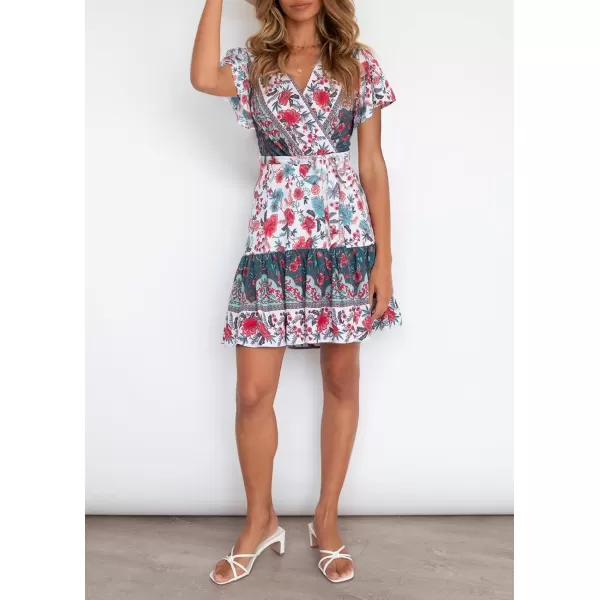 ZESICA Womens 2024 Summer Wrap V Neck Bohemian Floral Print Ruffle Swing A Line Beach Mini DressBlackishgreen