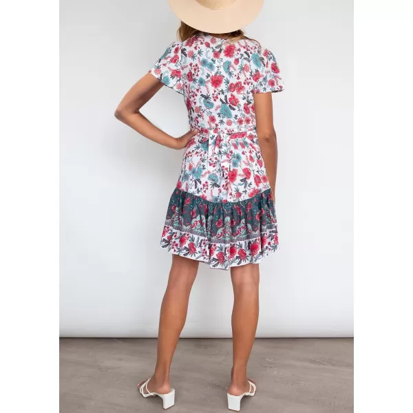 ZESICA Womens 2024 Summer Wrap V Neck Bohemian Floral Print Ruffle Swing A Line Beach Mini DressBlackishgreen