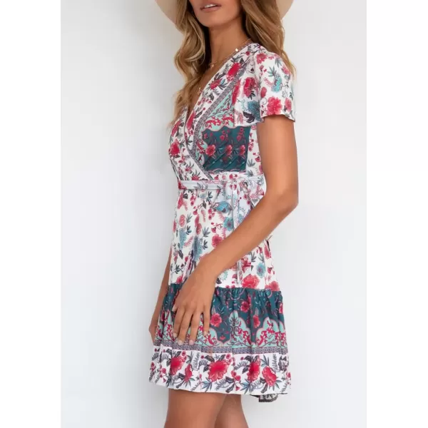 ZESICA Womens 2024 Summer Wrap V Neck Bohemian Floral Print Ruffle Swing A Line Beach Mini DressBlackishgreen