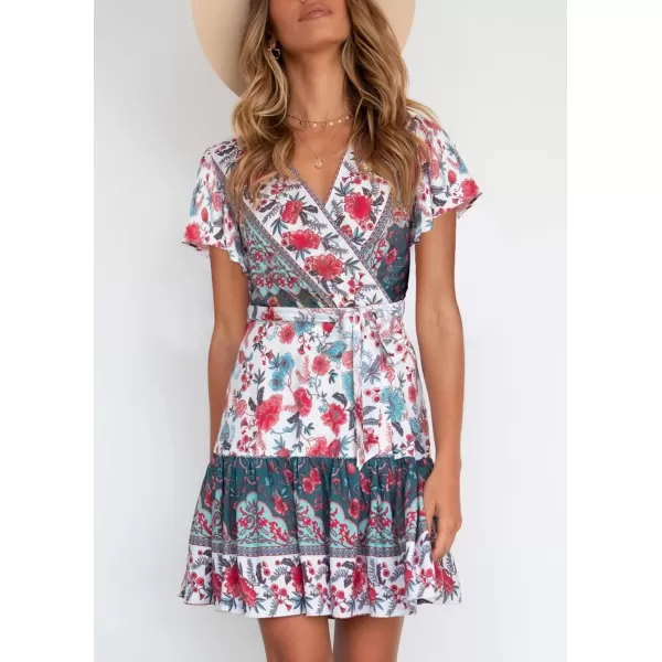 ZESICA Womens 2024 Summer Wrap V Neck Bohemian Floral Print Ruffle Swing A Line Beach Mini DressBlackishgreen