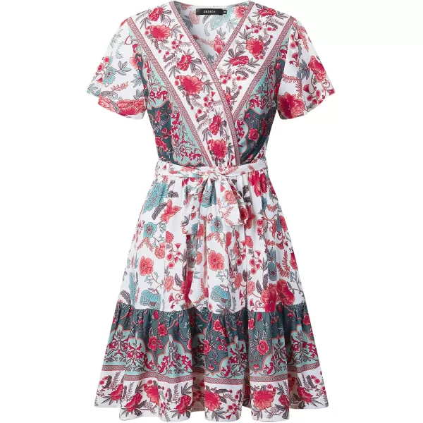ZESICA Womens 2024 Summer Wrap V Neck Bohemian Floral Print Ruffle Swing A Line Beach Mini DressBlackishgreen