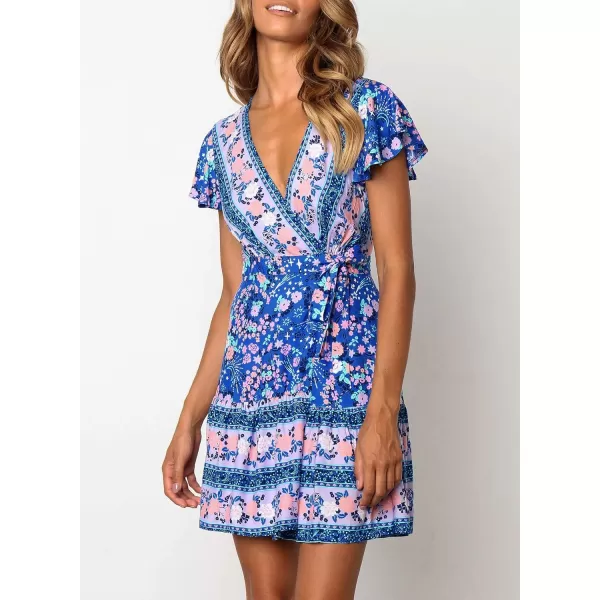 ZESICA Womens 2024 Summer Wrap V Neck Bohemian Floral Print Ruffle Swing A Line Beach Mini DressBlue
