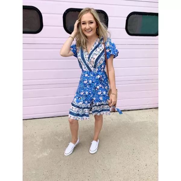 ZESICA Womens 2024 Summer Wrap V Neck Bohemian Floral Print Ruffle Swing A Line Beach Mini DressBlue