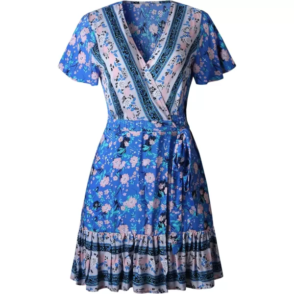 ZESICA Womens 2024 Summer Wrap V Neck Bohemian Floral Print Ruffle Swing A Line Beach Mini DressBlue