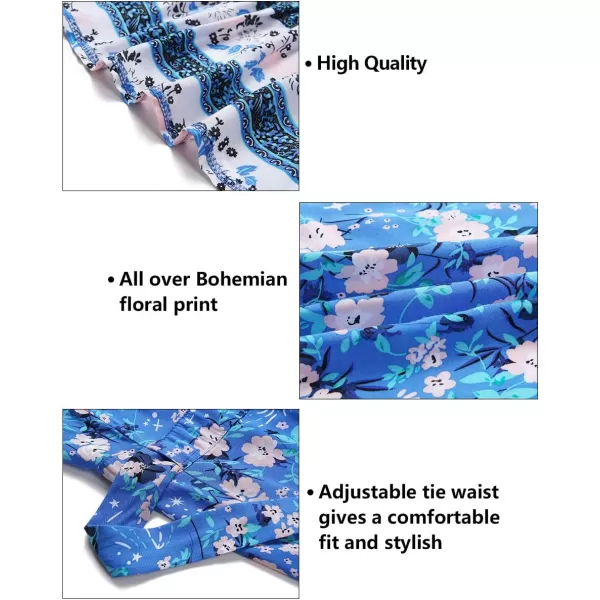 ZESICA Womens 2024 Summer Wrap V Neck Bohemian Floral Print Ruffle Swing A Line Beach Mini DressBlue