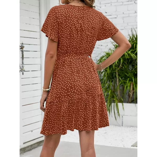 ZESICA Womens 2024 Summer Wrap V Neck Bohemian Floral Print Ruffle Swing A Line Beach Mini DressBrown