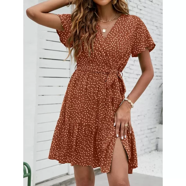 ZESICA Womens 2024 Summer Wrap V Neck Bohemian Floral Print Ruffle Swing A Line Beach Mini DressBrown
