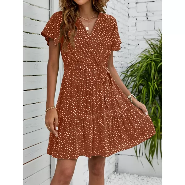 ZESICA Womens 2024 Summer Wrap V Neck Bohemian Floral Print Ruffle Swing A Line Beach Mini DressBrown