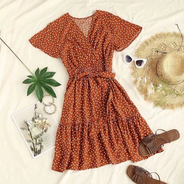ZESICA Womens 2024 Summer Wrap V Neck Bohemian Floral Print Ruffle Swing A Line Beach Mini DressBrown