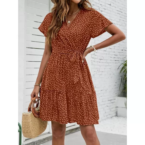 ZESICA Womens 2024 Summer Wrap V Neck Bohemian Floral Print Ruffle Swing A Line Beach Mini DressBrown