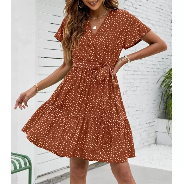ZESICA Womens 2024 Summer Wrap V Neck Bohemian Floral Print Ruffle Swing A Line Beach Mini DressBrown