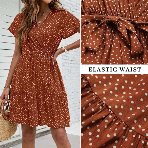 ZESICA Womens 2024 Summer Wrap V Neck Bohemian Floral Print Ruffle Swing A Line Beach Mini DressBrown