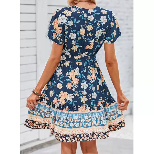 ZESICA Womens 2024 Summer Wrap V Neck Bohemian Floral Print Ruffle Swing A Line Beach Mini DressDarkblue