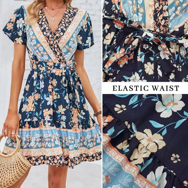 ZESICA Womens 2024 Summer Wrap V Neck Bohemian Floral Print Ruffle Swing A Line Beach Mini DressDarkblue