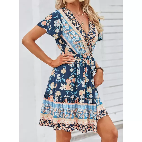 ZESICA Womens 2024 Summer Wrap V Neck Bohemian Floral Print Ruffle Swing A Line Beach Mini DressDarkblue