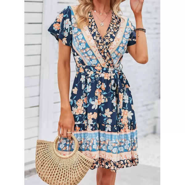 ZESICA Womens 2024 Summer Wrap V Neck Bohemian Floral Print Ruffle Swing A Line Beach Mini DressDarkblue