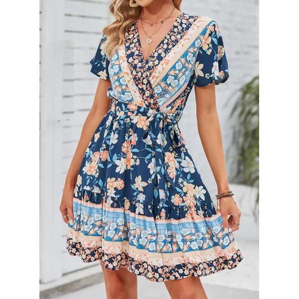ZESICA Womens 2024 Summer Wrap V Neck Bohemian Floral Print Ruffle Swing A Line Beach Mini DressDarkblue