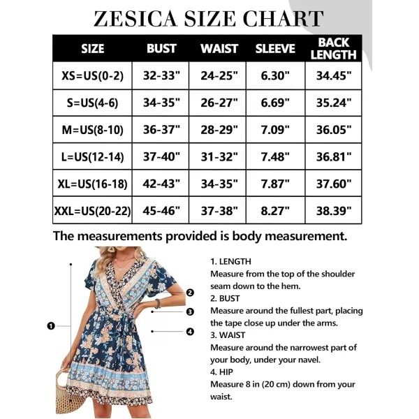 ZESICA Womens 2024 Summer Wrap V Neck Bohemian Floral Print Ruffle Swing A Line Beach Mini DressDarkblue
