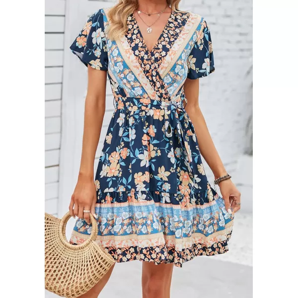 ZESICA Womens 2024 Summer Wrap V Neck Bohemian Floral Print Ruffle Swing A Line Beach Mini DressDarkblue