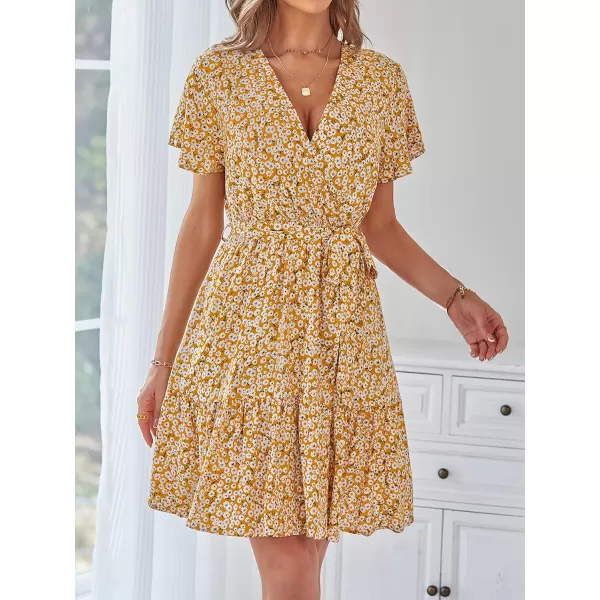 ZESICA Womens 2024 Summer Wrap V Neck Bohemian Floral Print Ruffle Swing A Line Beach Mini DressGinger