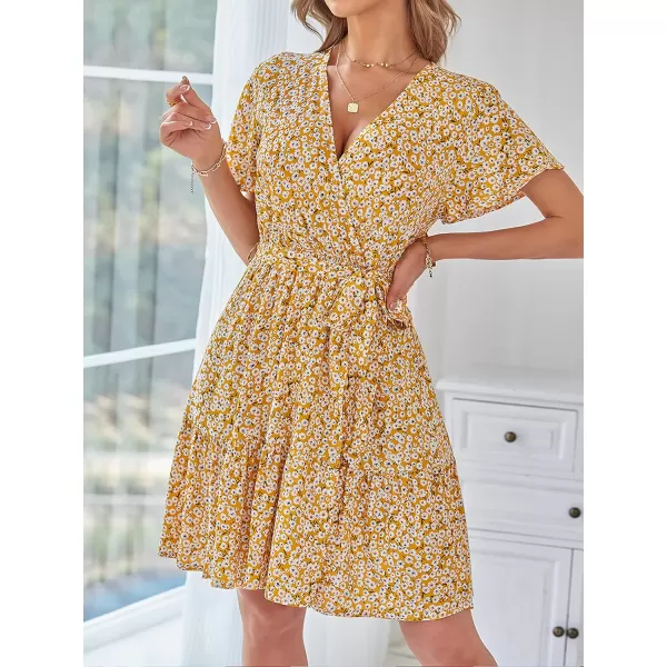 ZESICA Womens 2024 Summer Wrap V Neck Bohemian Floral Print Ruffle Swing A Line Beach Mini DressGinger
