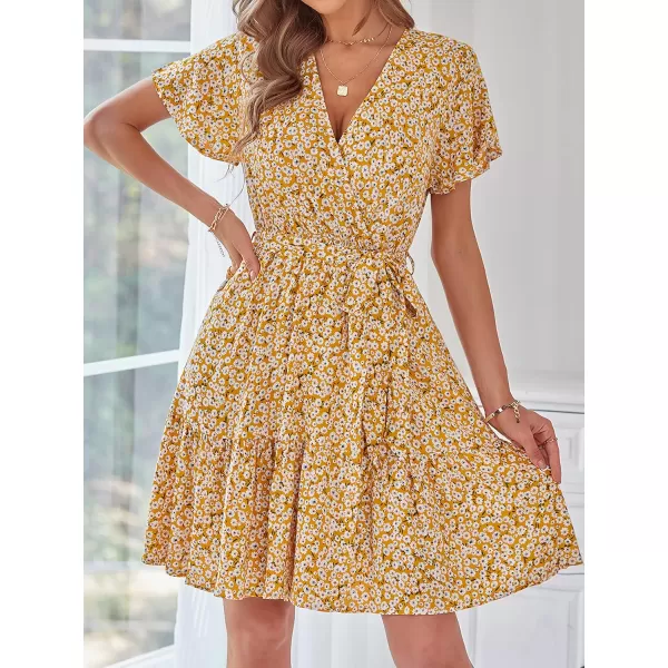 ZESICA Womens 2024 Summer Wrap V Neck Bohemian Floral Print Ruffle Swing A Line Beach Mini DressGinger