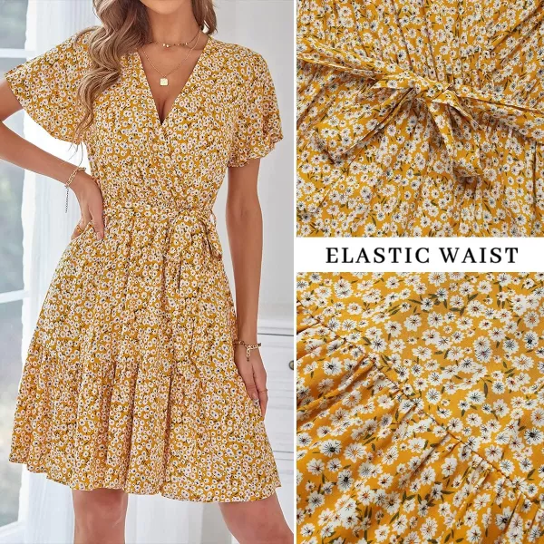 ZESICA Womens 2024 Summer Wrap V Neck Bohemian Floral Print Ruffle Swing A Line Beach Mini DressGinger