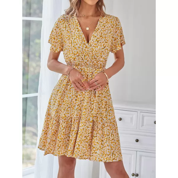 ZESICA Womens 2024 Summer Wrap V Neck Bohemian Floral Print Ruffle Swing A Line Beach Mini DressGinger