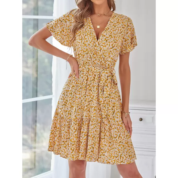 ZESICA Womens 2024 Summer Wrap V Neck Bohemian Floral Print Ruffle Swing A Line Beach Mini DressGinger