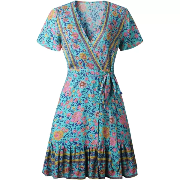 ZESICA Womens 2024 Summer Wrap V Neck Bohemian Floral Print Ruffle Swing A Line Beach Mini DressGreen