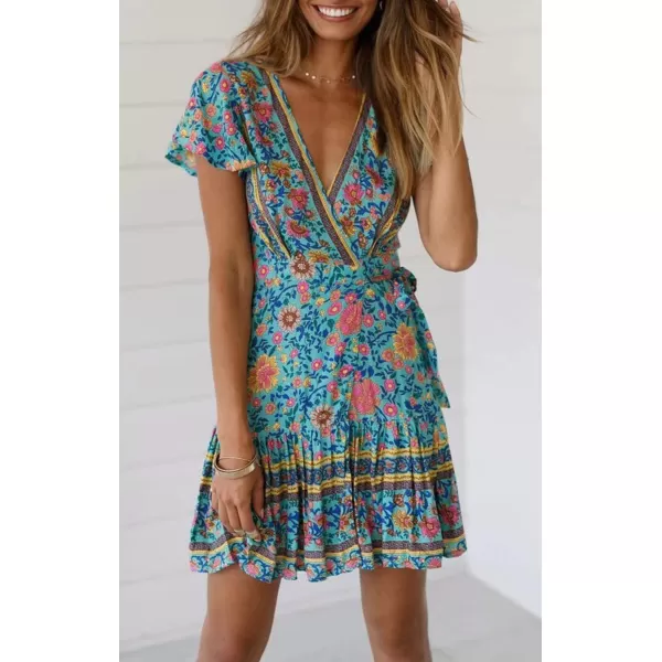 ZESICA Womens 2024 Summer Wrap V Neck Bohemian Floral Print Ruffle Swing A Line Beach Mini DressGreen