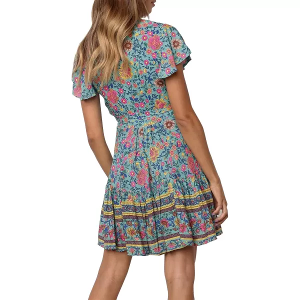 ZESICA Womens 2024 Summer Wrap V Neck Bohemian Floral Print Ruffle Swing A Line Beach Mini DressGreen