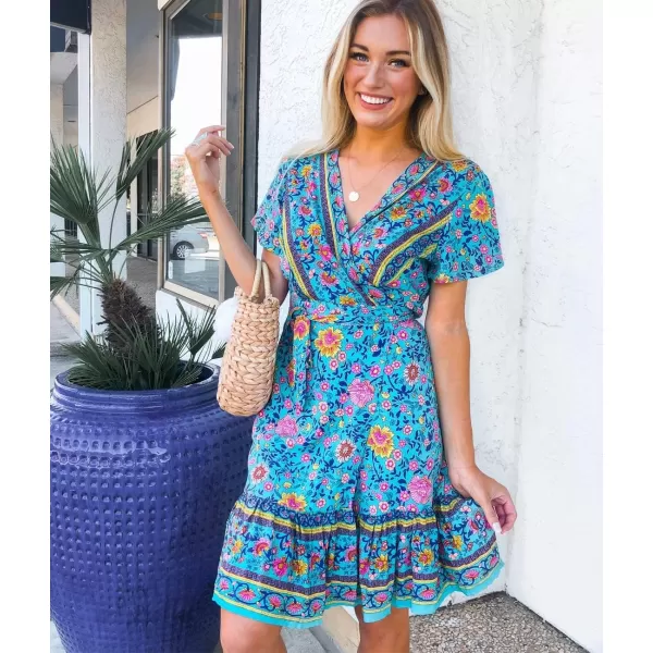 ZESICA Womens 2024 Summer Wrap V Neck Bohemian Floral Print Ruffle Swing A Line Beach Mini DressGreen