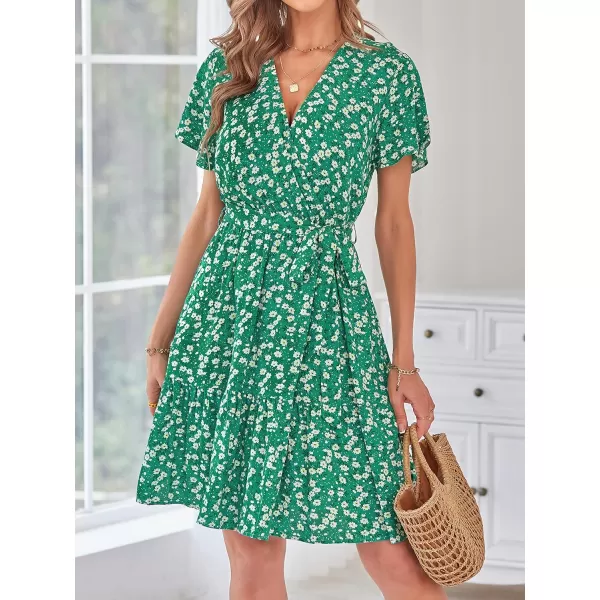 ZESICA Womens 2024 Summer Wrap V Neck Bohemian Floral Print Ruffle Swing A Line Beach Mini DressHollygreen