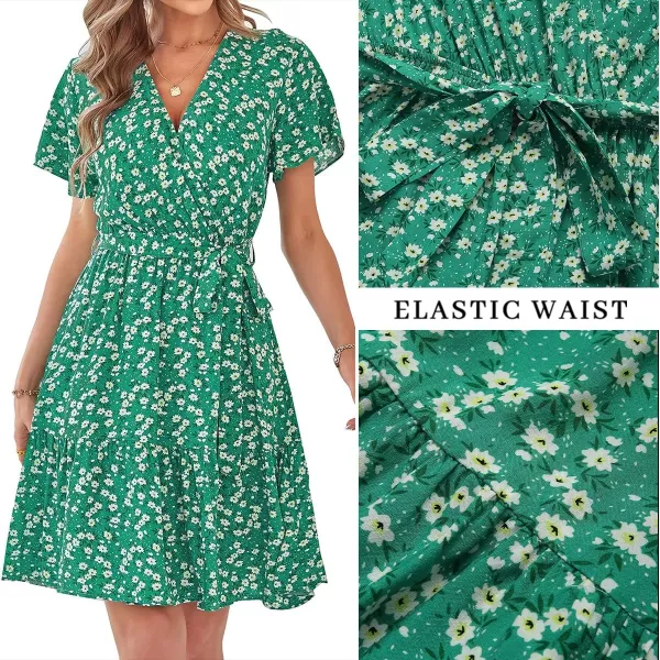 ZESICA Womens 2024 Summer Wrap V Neck Bohemian Floral Print Ruffle Swing A Line Beach Mini DressHollygreen