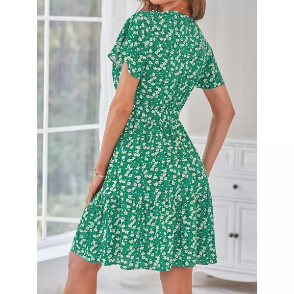 ZESICA Womens 2024 Summer Wrap V Neck Bohemian Floral Print Ruffle Swing A Line Beach Mini DressHollygreen