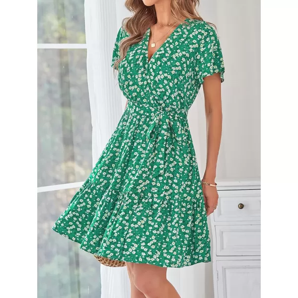 ZESICA Womens 2024 Summer Wrap V Neck Bohemian Floral Print Ruffle Swing A Line Beach Mini DressHollygreen