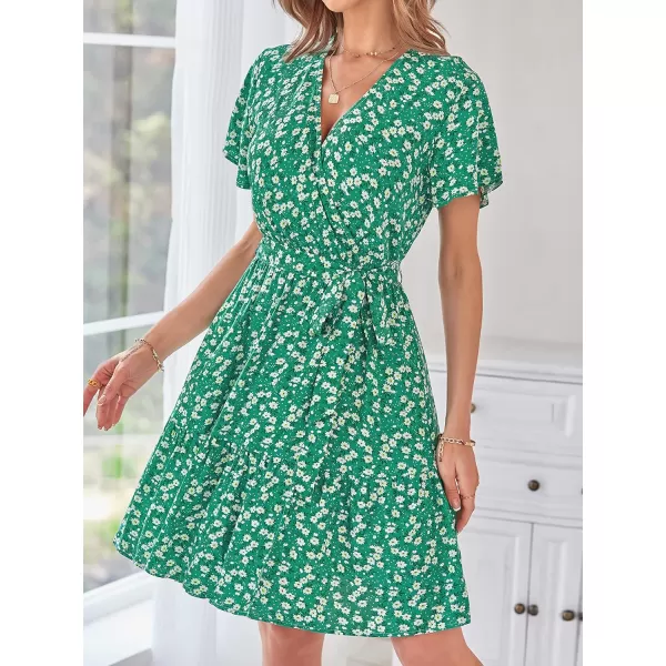 ZESICA Womens 2024 Summer Wrap V Neck Bohemian Floral Print Ruffle Swing A Line Beach Mini DressHollygreen