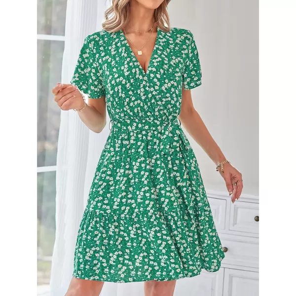 ZESICA Womens 2024 Summer Wrap V Neck Bohemian Floral Print Ruffle Swing A Line Beach Mini DressHollygreen