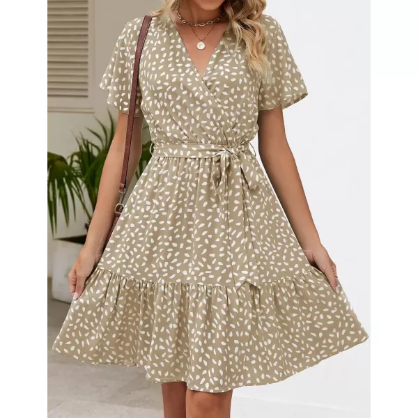 ZESICA Womens 2024 Summer Wrap V Neck Bohemian Floral Print Ruffle Swing A Line Beach Mini DressKhaki