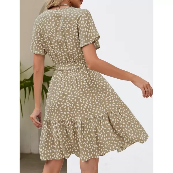 ZESICA Womens 2024 Summer Wrap V Neck Bohemian Floral Print Ruffle Swing A Line Beach Mini DressKhaki
