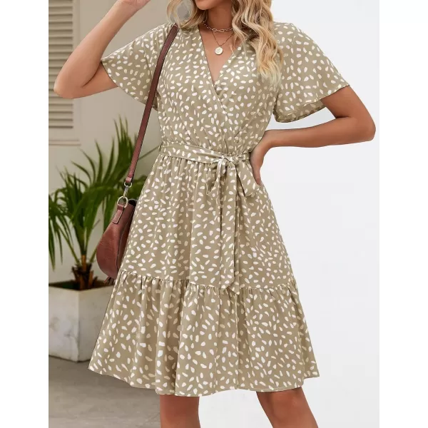 ZESICA Womens 2024 Summer Wrap V Neck Bohemian Floral Print Ruffle Swing A Line Beach Mini DressKhaki