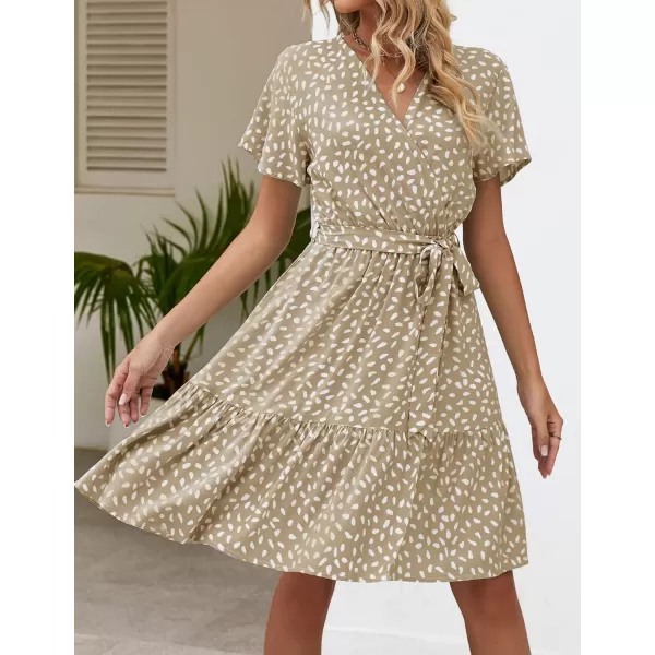 ZESICA Womens 2024 Summer Wrap V Neck Bohemian Floral Print Ruffle Swing A Line Beach Mini DressKhaki