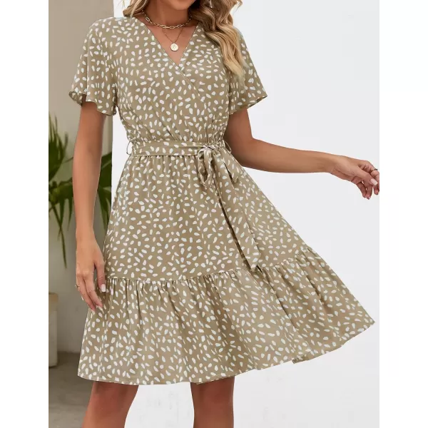 ZESICA Womens 2024 Summer Wrap V Neck Bohemian Floral Print Ruffle Swing A Line Beach Mini DressKhaki