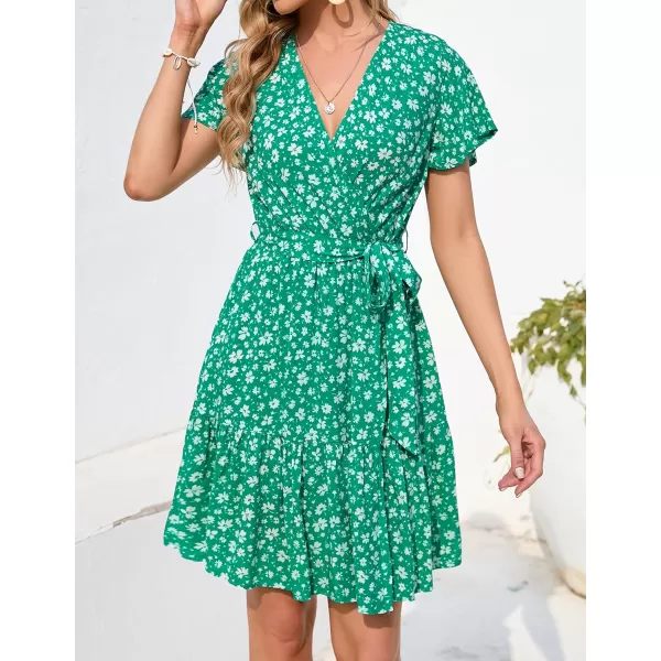ZESICA Womens 2024 Summer Wrap V Neck Bohemian Floral Print Ruffle Swing A Line Beach Mini DressLakegreen