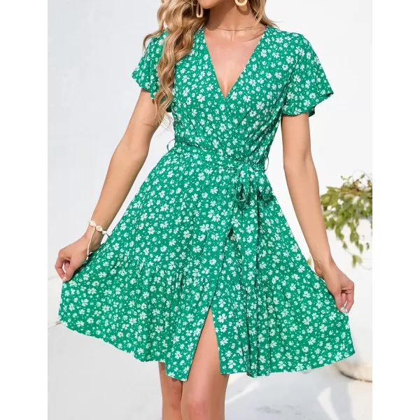 ZESICA Womens 2024 Summer Wrap V Neck Bohemian Floral Print Ruffle Swing A Line Beach Mini DressLakegreen