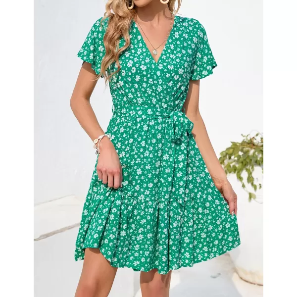 ZESICA Womens 2024 Summer Wrap V Neck Bohemian Floral Print Ruffle Swing A Line Beach Mini DressLakegreen