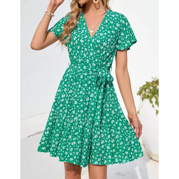 ZESICA Womens 2024 Summer Wrap V Neck Bohemian Floral Print Ruffle Swing A Line Beach Mini DressLakegreen
