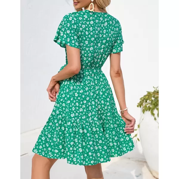 ZESICA Womens 2024 Summer Wrap V Neck Bohemian Floral Print Ruffle Swing A Line Beach Mini DressLakegreen