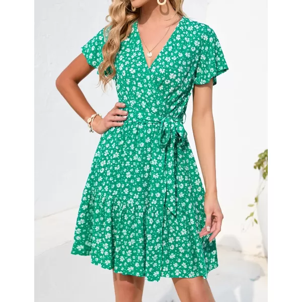 ZESICA Womens 2024 Summer Wrap V Neck Bohemian Floral Print Ruffle Swing A Line Beach Mini DressLakegreen